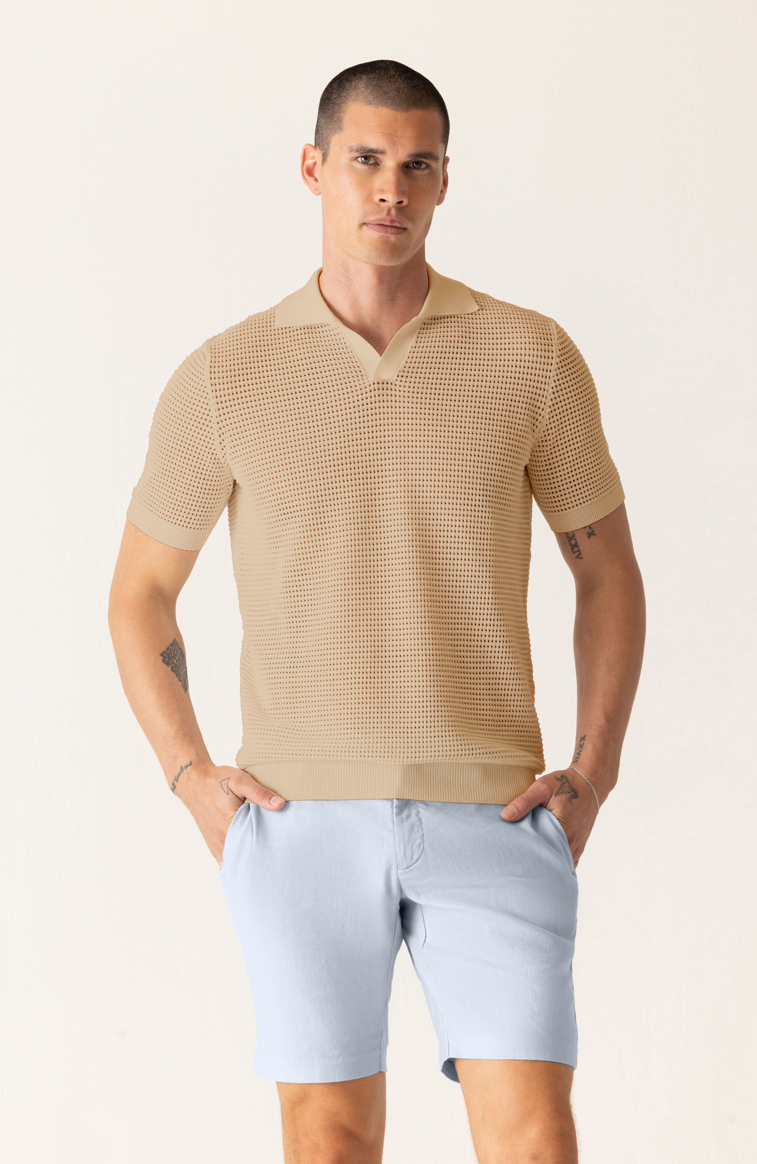 Short Sleeve Modern Open Knit Polo In Fashioned Forma Organic Stretch Cotton