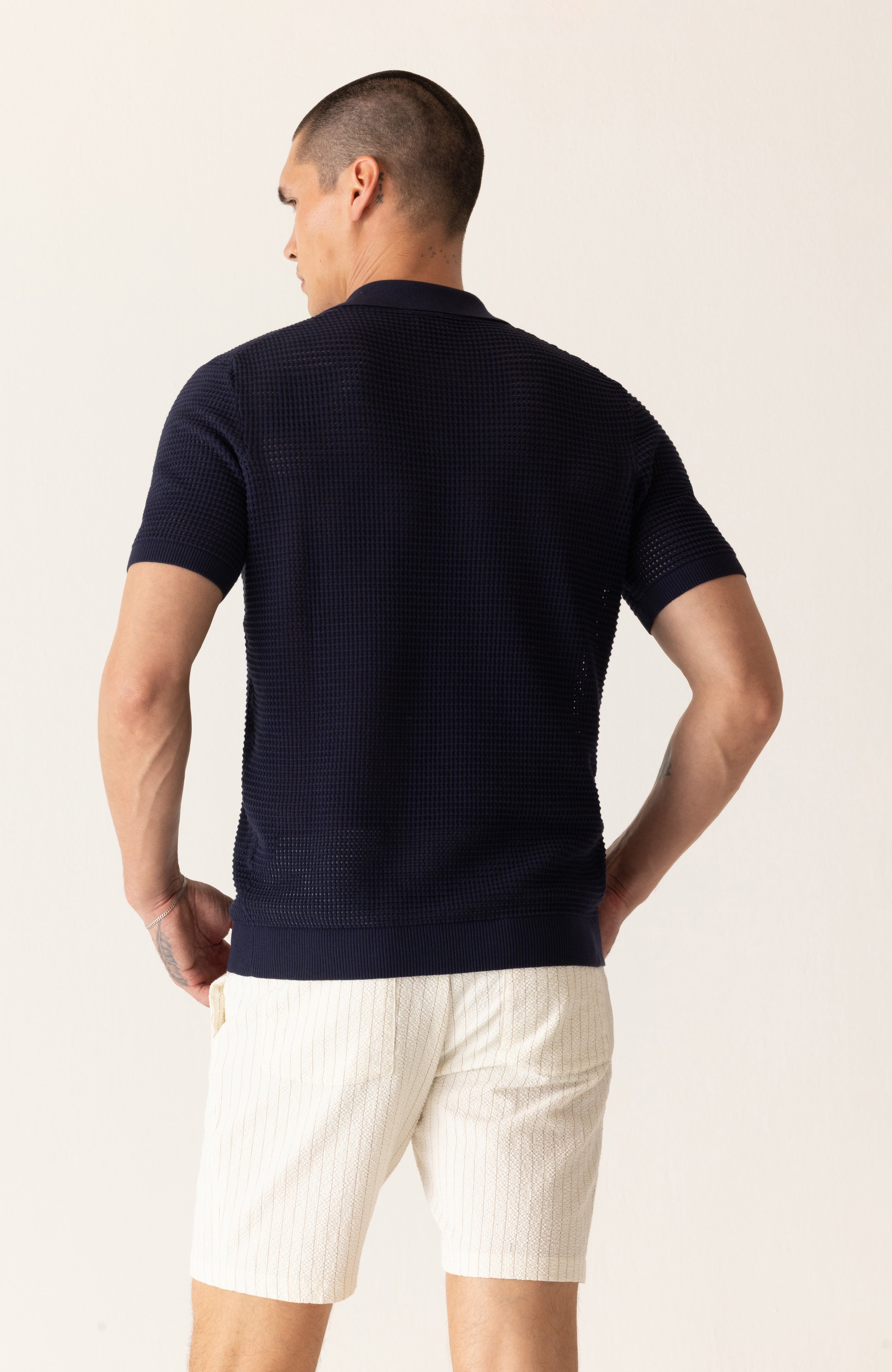 Short Sleeve Modern Open Knit Polo In Fashioned Forma Organic Stretch Cotton Hover