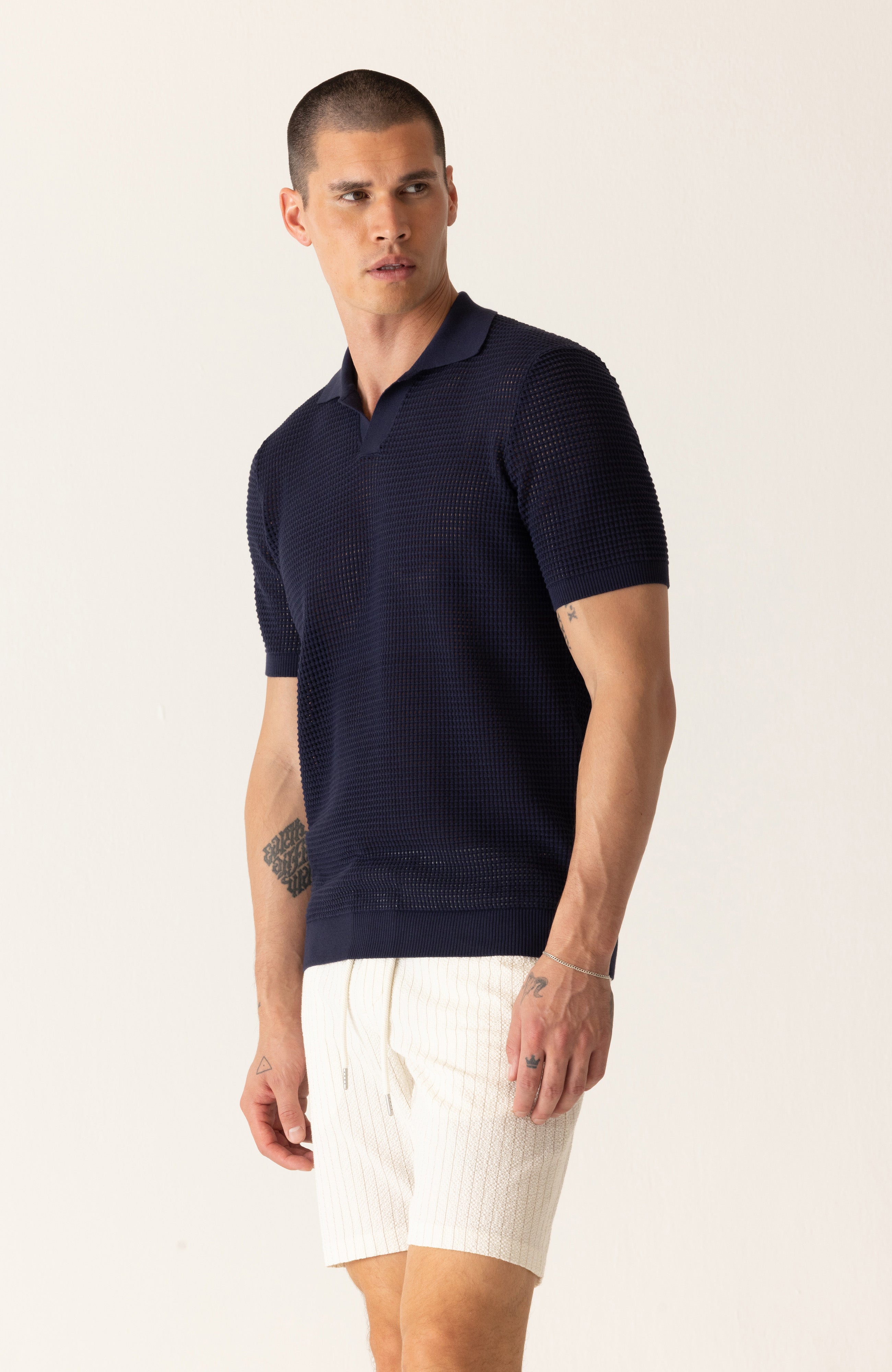 Short Sleeve Modern Open Knit Polo In Fashioned Forma Organic Stretch Cotton
